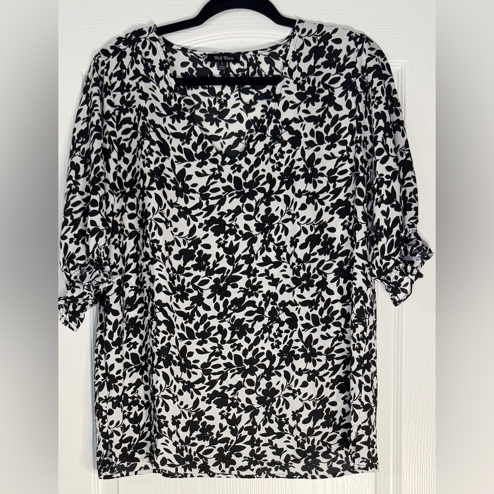 Women's Floral Blouse Black White Size Large
